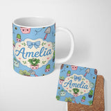 Personalized Custom Name Cute Kawaii Garden Tools Plants Bees Seamless Pattern Blue Lovely 11oz Ceramic Coffee Tea Mug White Large Handle