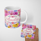 Personalized Custom Name Elegant Pink Floral Roses Peony Hydrangea Seamless Pattern Name Cute 11oz Ceramic Coffee Tea Mug White Large Handle