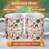 Personalized Custom Name Festive Holiday Cakes Wreaths Candles Gifts Seamless Pattern Lovely 11oz Ceramic Coffee Tea Mug White Large Handle
