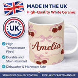 Personalized Custom Name Cherry Bow Ribbon Cute Warm Beige Neutral Background Seamless Lovely 11oz Ceramic Coffee Tea Mug White Large Handle