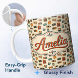 Personalized Custom Name Vintage Retro Camera Collection Seamless Pattern with Film Cameras 11oz Ceramic Coffee Tea Mug White Large Handle