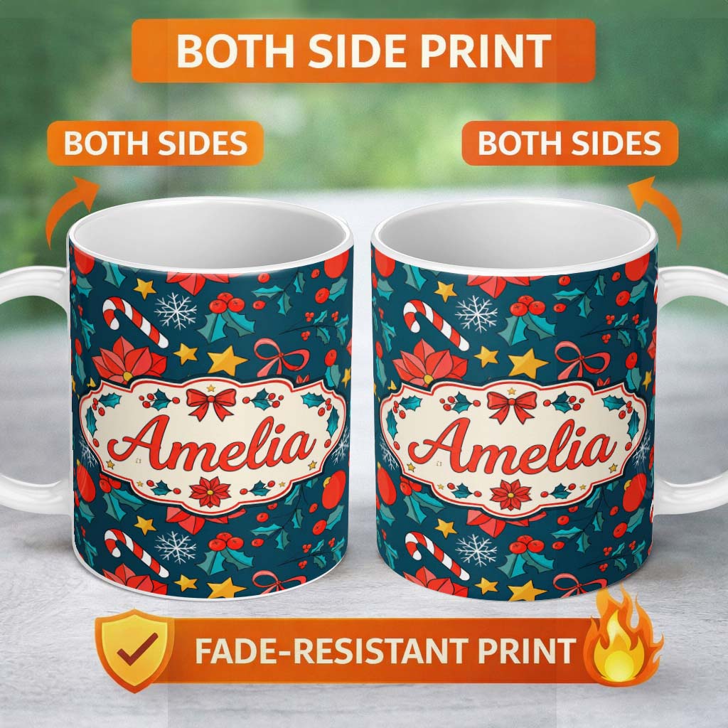 Personalized Custom Name Festive Poinsettia Candy Cane Holly Berry Seamless Pattern Lovely 11oz Ceramic Coffee Tea Mug White Large Handle