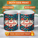 Personalized Custom Name Festive Poinsettia Candy Cane Holly Berry Seamless Pattern Lovely 11oz Ceramic Coffee Tea Mug White Large Handle