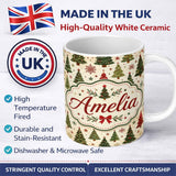 Personalized Custom Name Rustic Christmas Trees Stars Holiday Winter Seamless Pattern Lovely 11oz Ceramic Coffee Tea Mug White Large Handle