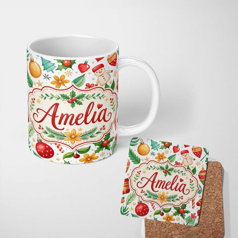 Personalized Custom Name Cute Christmas Tree Snowman Candy Cane Baubles Seamless Pattern 11oz Ceramic Coffee Tea Mug White Large Handle