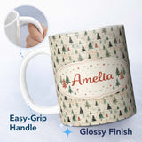 Personalized Custom Name Watercolor Christmas Tree Green Orange Forest Seamless Pattern 11oz Ceramic Coffee Tea Mug White Large Handle