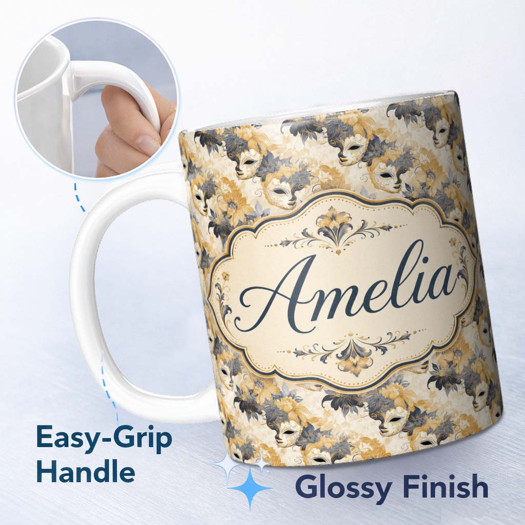 Personalized Custom Name Soft Blue and Gold Floral Mask Design with Elegant Details Seamless 11oz Ceramic Coffee Tea Mug White Large Handle