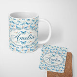 Personalized Custom Name Blue Butterfly Watercolor Floral Delicate Seamless Pattern Lovely 11oz Ceramic Coffee Tea Mug White Large Handle