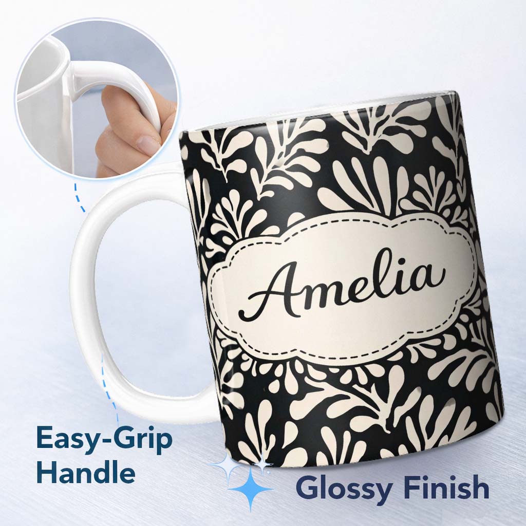 Personalized Custom Name Botanical Leaf Silhouettes Black Cream Organic Nature Pattern Lovely 11oz Ceramic Coffee Tea Mug White Large Handle