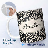 Personalized Custom Name Botanical Leaf Silhouettes Black Cream Organic Nature Pattern Lovely 11oz Ceramic Coffee Tea Mug White Large Handle