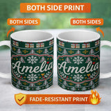 Personalized Custom Name Festive Christmas Tree Star Gift Knitted Seamless Pattern Lovely 11oz Ceramic Coffee Tea Mug White Large Handle