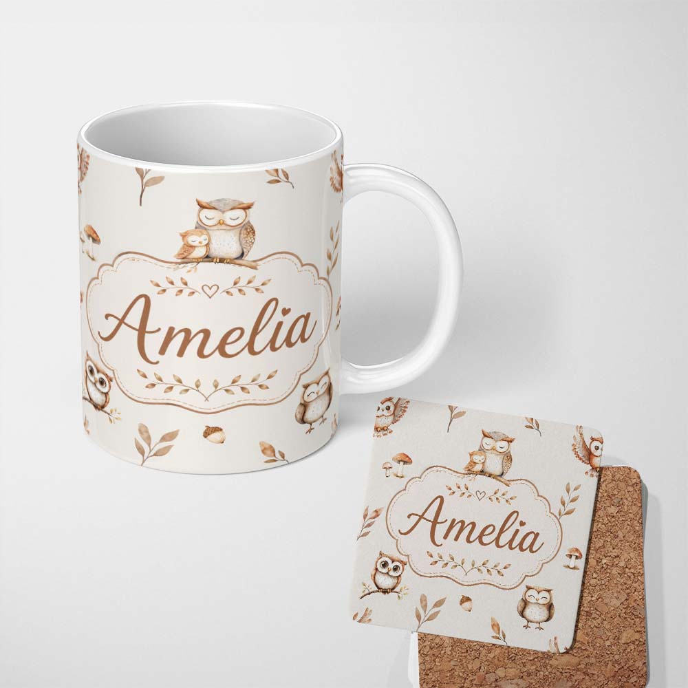 Personalized Custom Name Cute Woodland Owls Mushrooms and Leaves Neutral Grey Background 11oz Ceramic Coffee Tea Mug White Large Handle
