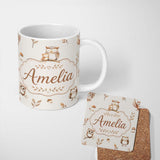 Personalized Custom Name Cute Woodland Owls Mushrooms and Leaves Neutral Grey Background 11oz Ceramic Coffee Tea Mug White Large Handle