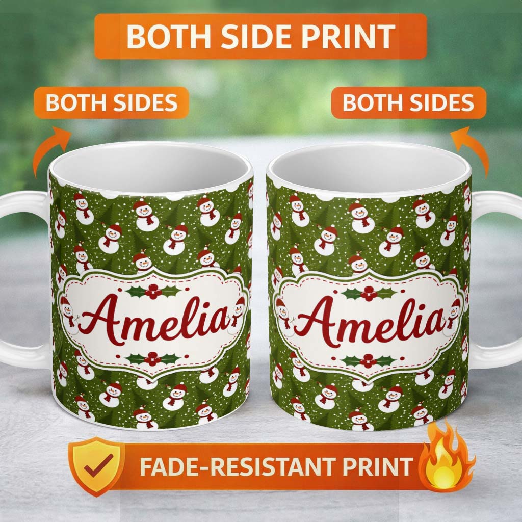 Personalized Custom Name Cute Snowman Winter Forest Snowfall Seamless Pattern Lovely 11oz Ceramic Coffee Tea Mug White Large Handle