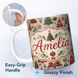 Personalized Custom Name Vintage Christmas Tree Ornament Candy Cane Seamless Pattern Lovely 11oz Ceramic Coffee Tea Mug White Large Handle