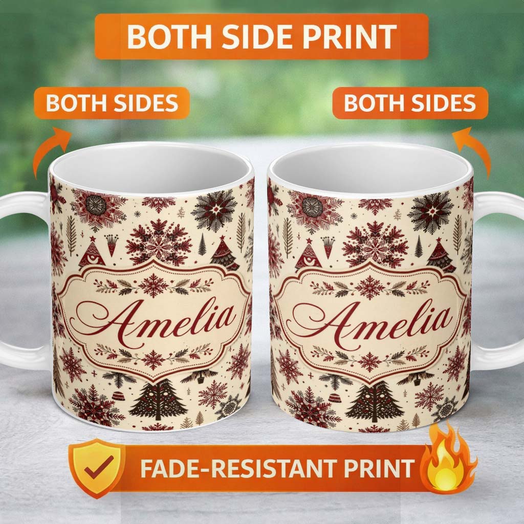 Personalized Custom Name Red Black Nordic Christmas Trees Snowflakes Winter Seamless Pattern 11oz Ceramic Coffee Tea Mug White Large Handle