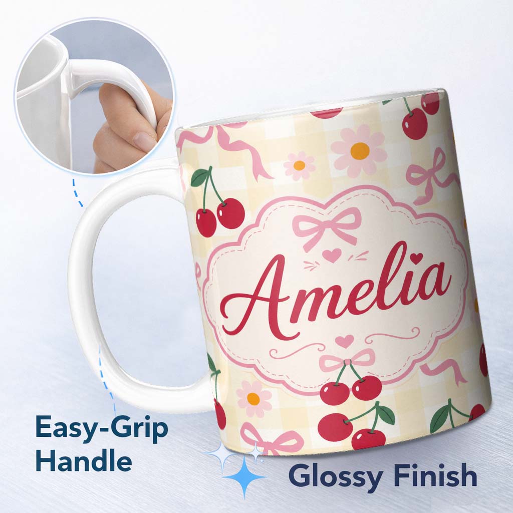 Personalized Custom Name Cute Cherry and Daisy Flowers with Pink Ribbon Bows Yellow Gingham 11oz Ceramic Coffee Tea Mug White Large Handle