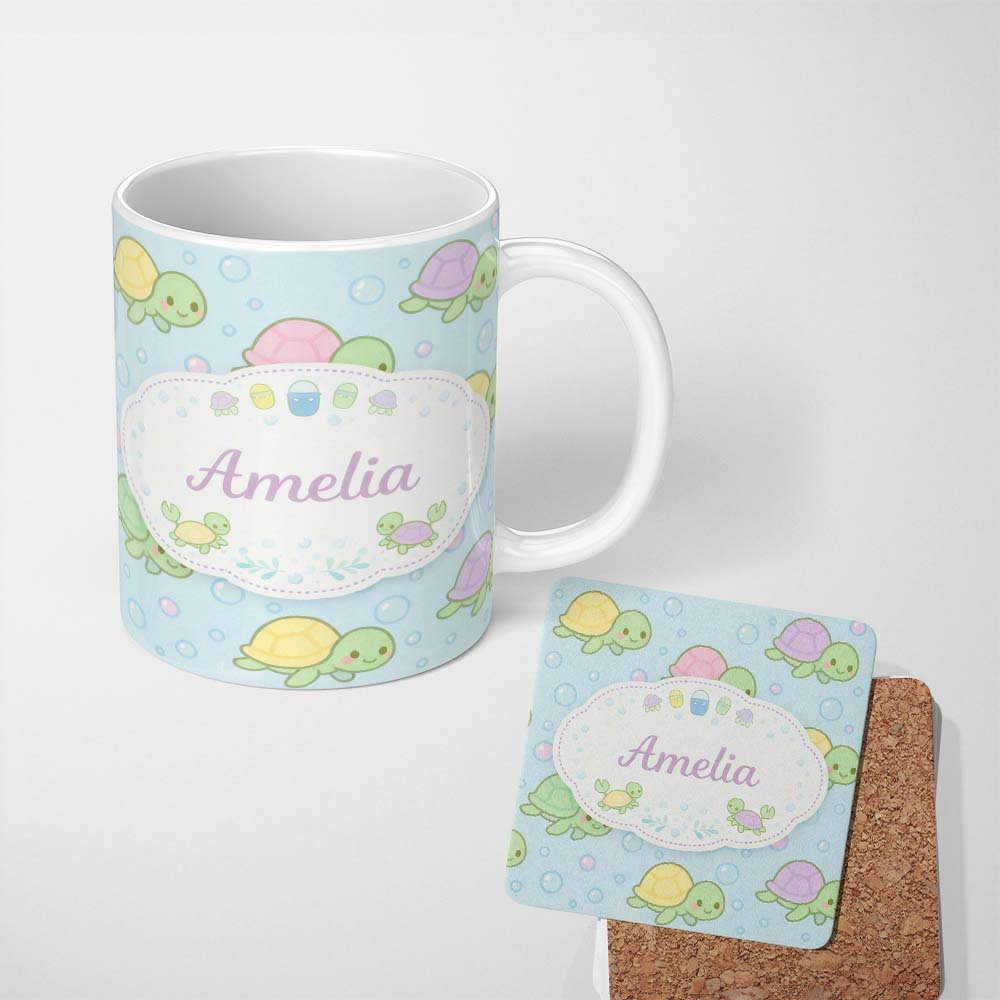 Personalized Custom Name Cute Pastel Turtle Cartoon Animal Ocean Pattern Beautiful Coffee Cup 11oz Ceramic Coffee Tea Mug White Large Handle
