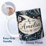 Personalized Custom Name Botanical Crescent Moon Floral Night Seamless Pattern Lovely 11oz Ceramic Coffee Tea Mug White Large Handle