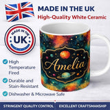 Personalized Custom Name Multicolor Nebula Splatter Galaxy Space Seamless Pattern Bright 11oz Ceramic Coffee Tea Mug White Large Handle