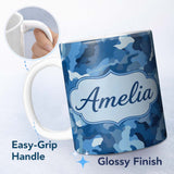 Personalized Custom Name Blue Tone Camouflage Abstract Modern Seamless Pattern Lovely 11oz Ceramic Coffee Tea Mug White Large Handle