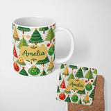 Personalized Custom Name Whimsical Christmas Trees with Baubles Ornaments and Snowflakes 11oz Ceramic Coffee Tea Mug White Large Handle