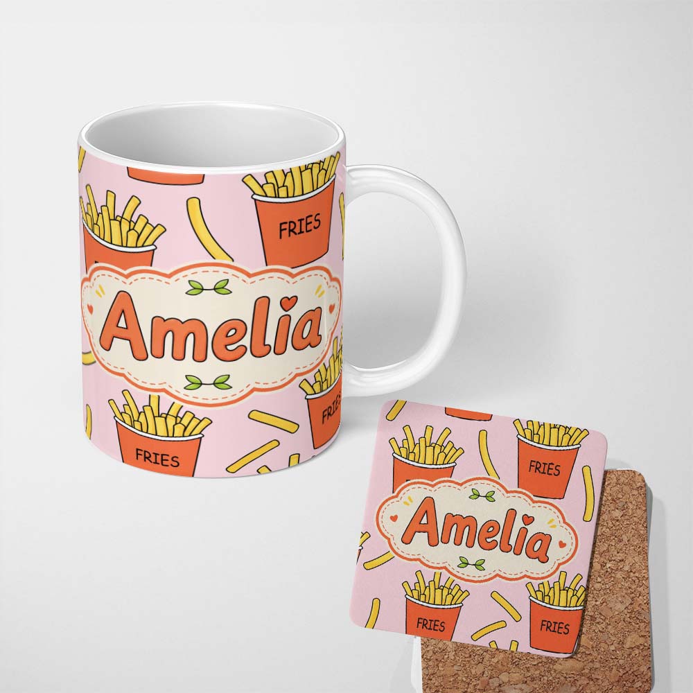 Personalized Custom Name Cute French Fries Cartoon Snack Food Blush Pink Background Seamless 11oz Ceramic Coffee Tea Mug White Large Handle