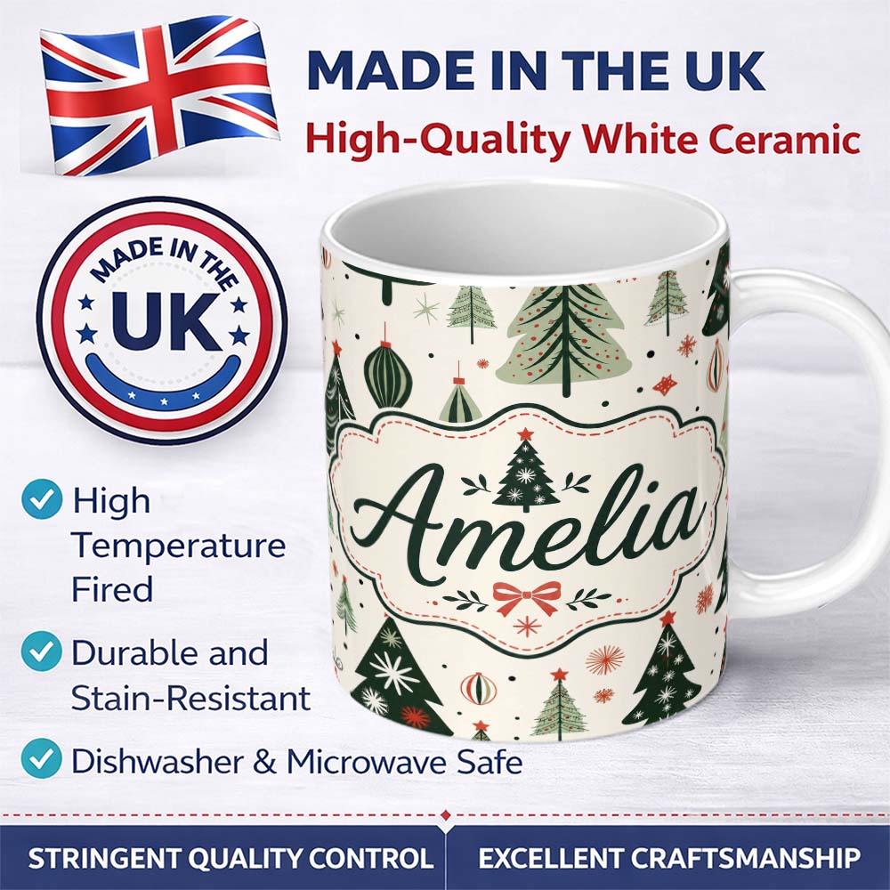 Personalized Custom Name Vintage Style Christmas Trees Ornaments Snowflakes Festive Seamless 11oz Ceramic Coffee Tea Mug White Large Handle