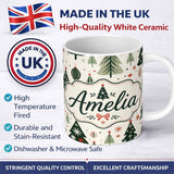 Personalized Custom Name Vintage Style Christmas Trees Ornaments Snowflakes Festive Seamless 11oz Ceramic Coffee Tea Mug White Large Handle