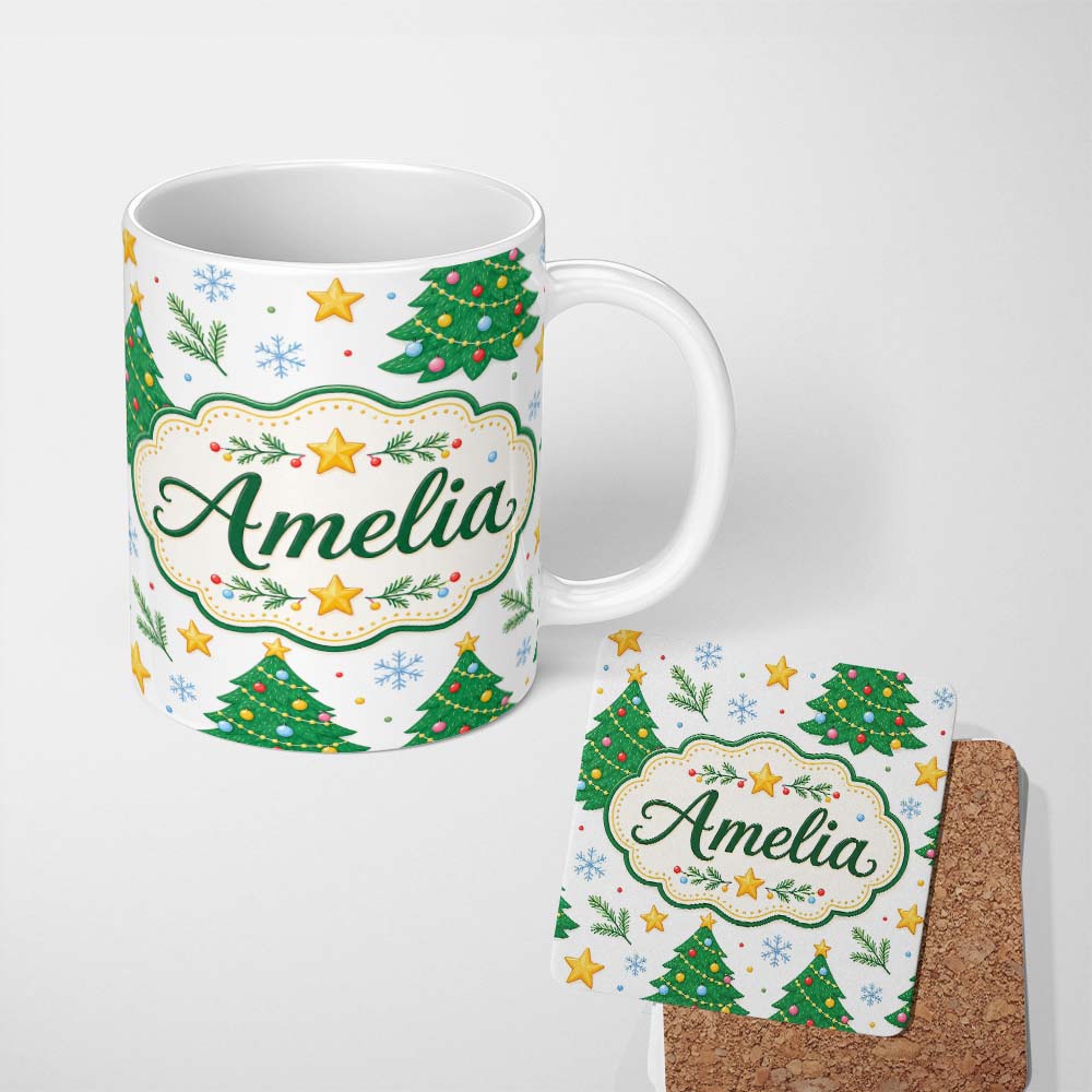 Personalized Custom Name Decorated Christmas Trees Stars Snowflakes Festive Seamless Pattern 11oz Ceramic Coffee Tea Mug White Large Handle