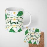 Personalized Custom Name Decorated Christmas Trees Stars Snowflakes Festive Seamless Pattern 11oz Ceramic Coffee Tea Mug White Large Handle
