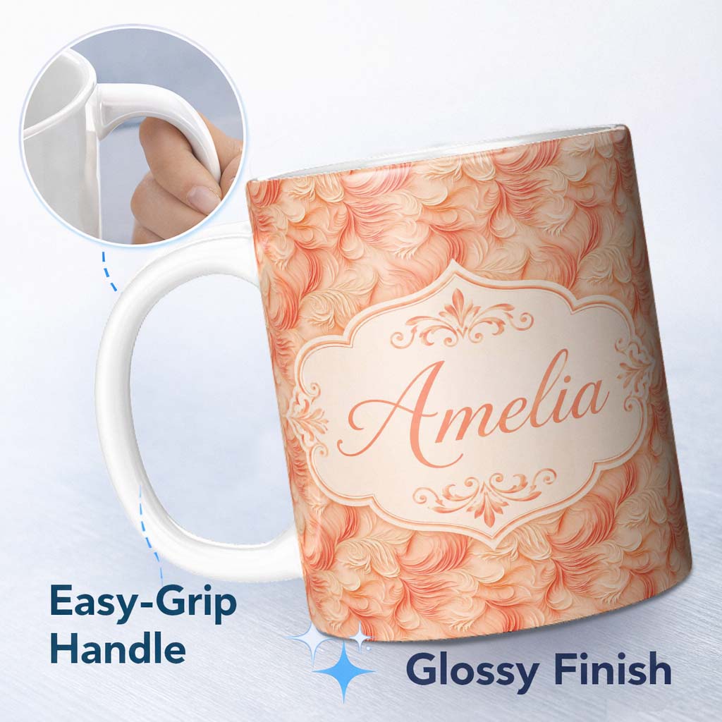 Personalized Custom Name Abstract Feather Swirl in Soft Coral and Cream Flowing Texture 11oz Ceramic Coffee Tea Mug White Large Handle