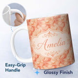 Personalized Custom Name Abstract Feather Swirl in Soft Coral and Cream Flowing Texture 11oz Ceramic Coffee Tea Mug White Large Handle