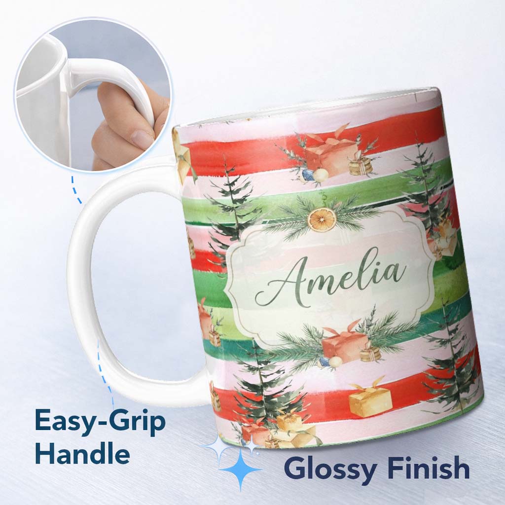 Personalized Custom Name Watercolor Christmas Tree Gift Box Stripe Background Seamless Lovely 11oz Ceramic Coffee Tea Mug White Large Handle