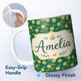Personalized Custom Name Elegant Golden Apples and Leaves on Dark Green Seamless Pattern 11oz Ceramic Coffee Tea Mug White Large Handle