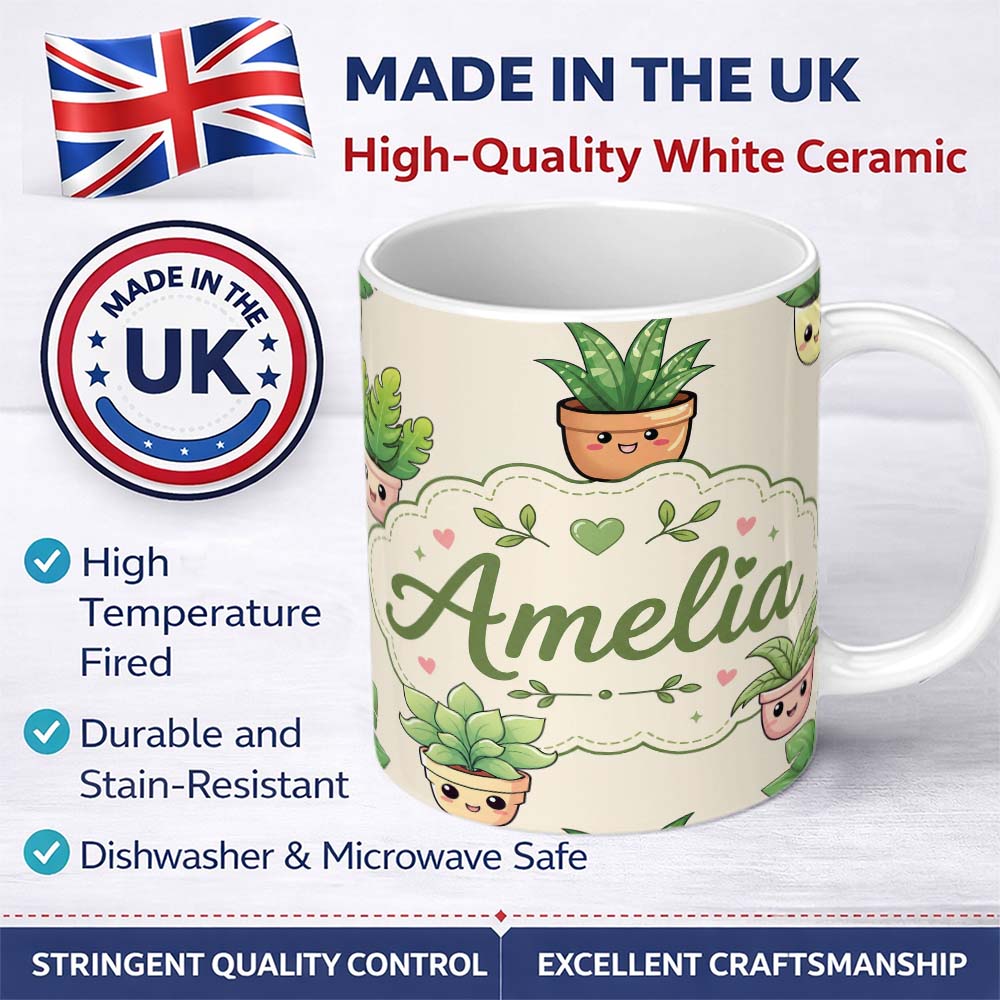 Personalized Custom Name Cute Kawaii Smiling Plant Pots Leaves Seamless Pattern Cream Lovely 11oz Ceramic Coffee Tea Mug White Large Handle