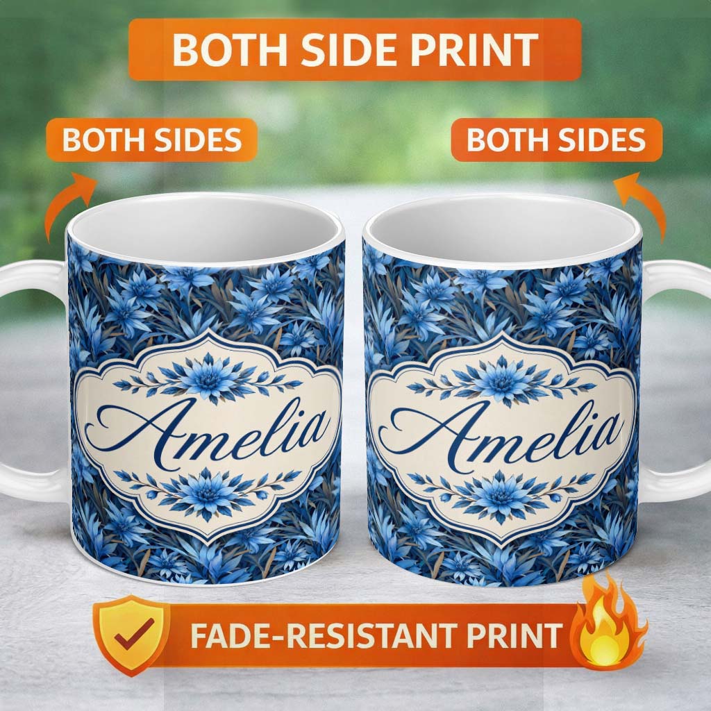 Personalized Custom Name Blue Floral Botanical Dense Garden Seamless Pattern Cute Unique Gift 11oz Ceramic Coffee Tea Mug White Large Handle