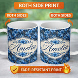 Personalized Custom Name Blue Floral Botanical Dense Garden Seamless Pattern Cute Unique Gift 11oz Ceramic Coffee Tea Mug White Large Handle