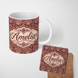 Personalized Custom Name Tribal Red Geometric Aztec Style Seamless Pattern Cute Unique Gift 11oz Ceramic Coffee Tea Mug White Large Handle