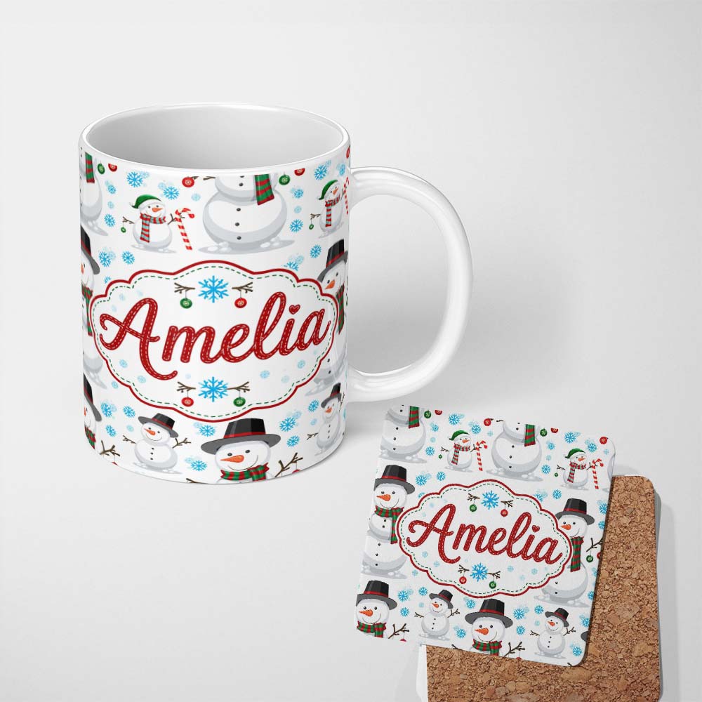Personalized Custom Name Happy Snowman Winter Holiday Seamless Pattern Cute Unique Gift 11oz Ceramic Coffee Tea Mug White Large Handle