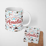 Personalized Custom Name Happy Snowman Winter Holiday Seamless Pattern Cute Unique Gift 11oz Ceramic Coffee Tea Mug White Large Handle