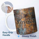 Personalized Custom Name Distressed Metal Rust Pattern with Gold Accents Seamless Grunge 11oz Ceramic Coffee Tea Mug White Large Handle
