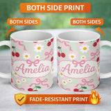 Personalized Custom Name Cute Cherry Bow and Daisy Mint Gingham Seamless Pattern Lovely 11oz Ceramic Coffee Tea Mug White Large Handle