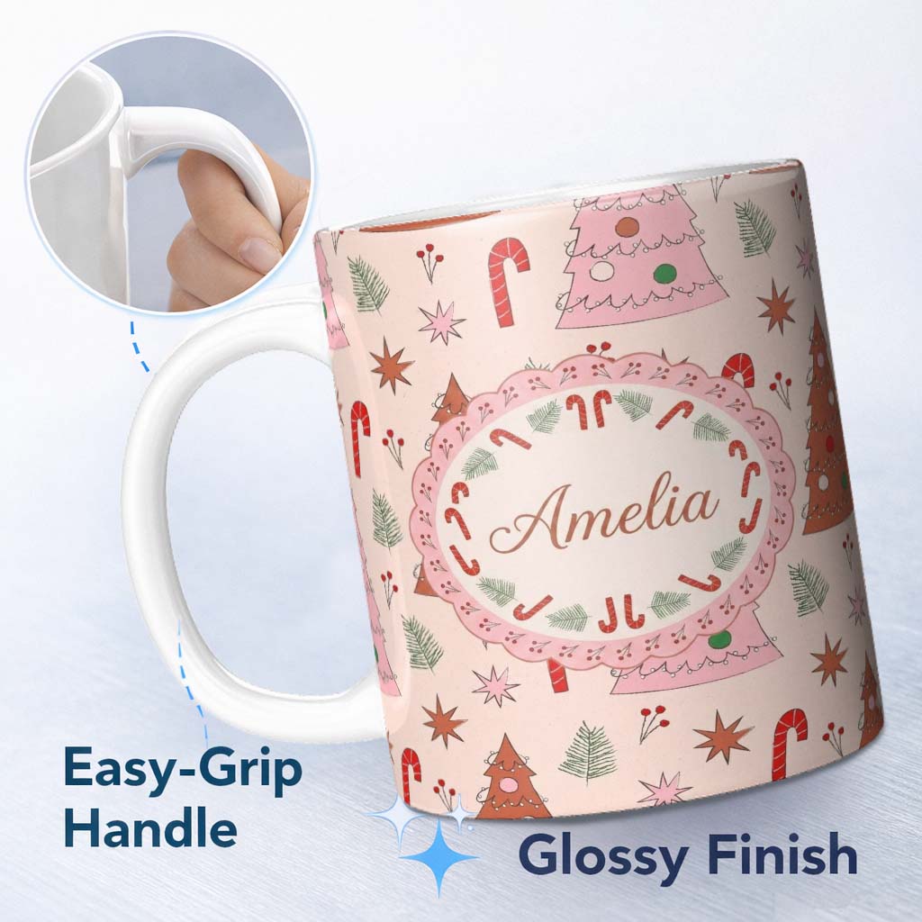 Personalized Custom Name Scandi Style Christmas Tree Candy Cane Seamless Pattern Lovely 11oz Ceramic Coffee Tea Mug White Large Handle