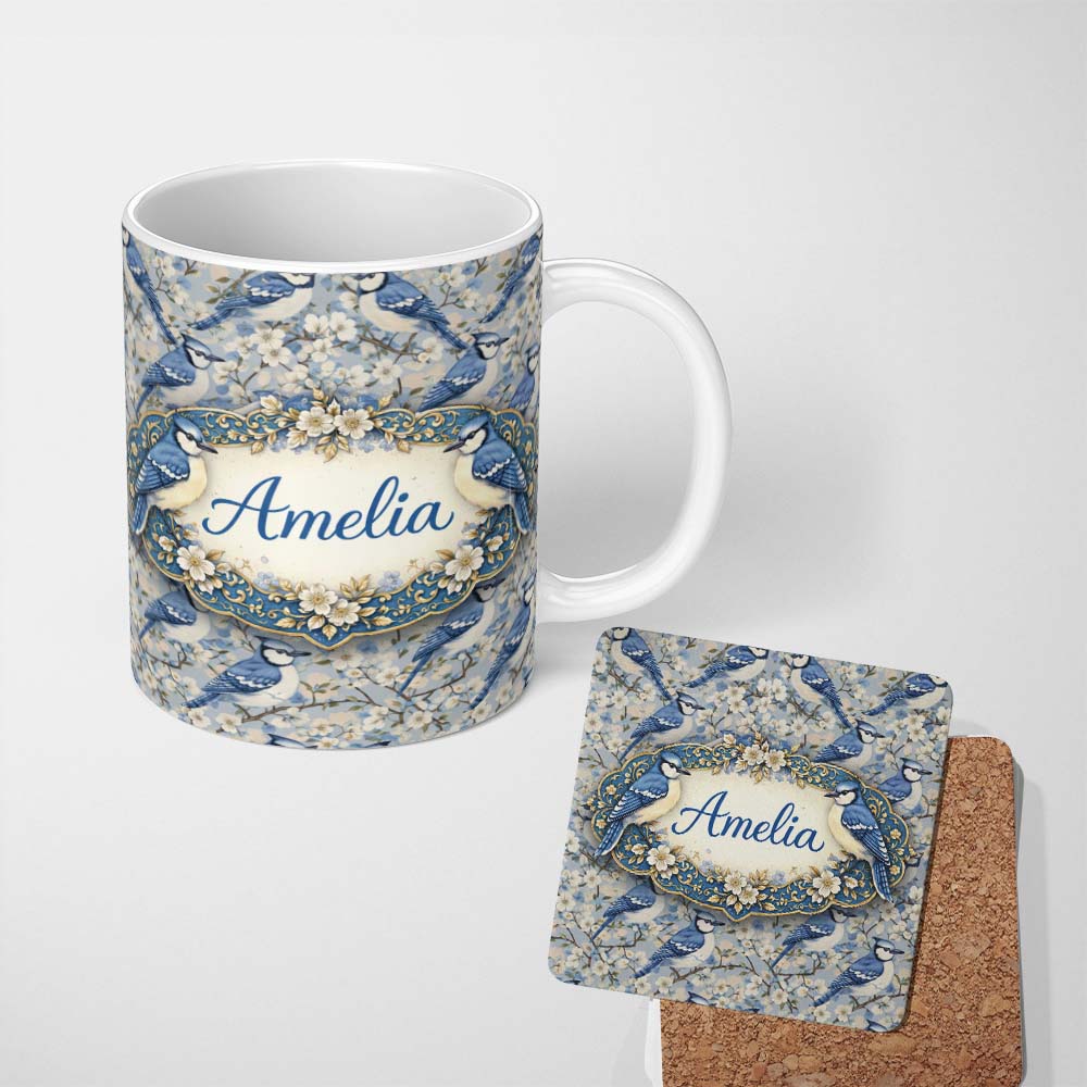 Personalized Custom Name Blue Jay Bird Blossom Floral Seamless Pattern Soft Vintage Botanical 11oz Ceramic Coffee Tea Mug White Large Handle