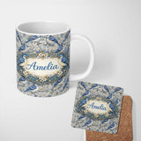 Personalized Custom Name Blue Jay Bird Blossom Floral Seamless Pattern Soft Vintage Botanical 11oz Ceramic Coffee Tea Mug White Large Handle