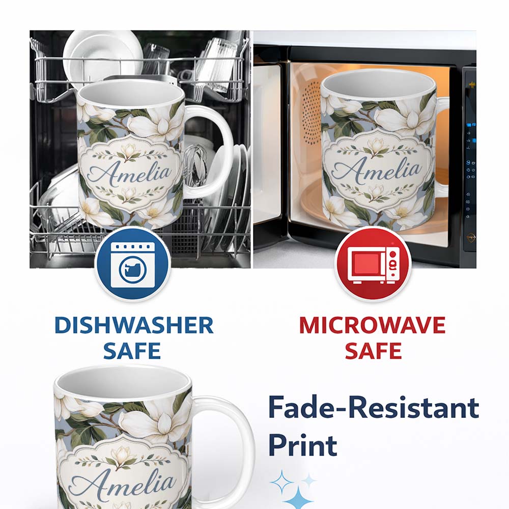 Personalized Custom Name Vintage Magnolia Floral Branches Soft Neutral Background Seamless 11oz Ceramic Coffee Tea Mug White Large Handle