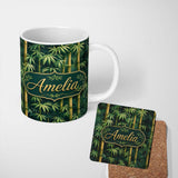Personalized Custom Name Dense Bamboo Jungle Leaves Seamless Pattern Lush Tropical Botanical 11oz Ceramic Coffee Tea Mug White Large Handle