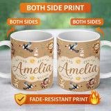 Personalized Custom Name Jungle Animals Lion Meerkat Toucan Boar on Brown Seamless Pattern 11oz Ceramic Coffee Tea Mug White Large Handle