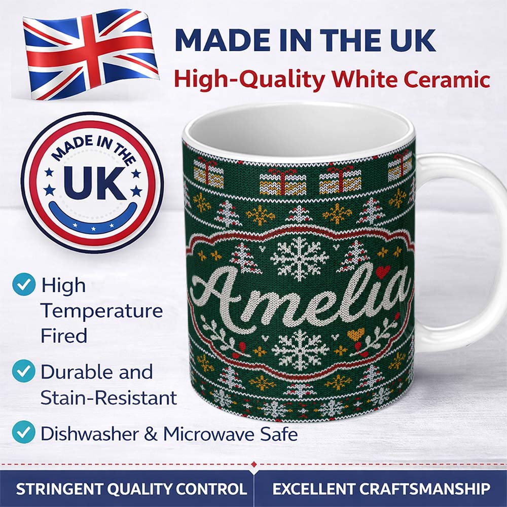 Personalized Custom Name Festive Christmas Tree Star Gift Knitted Seamless Pattern Lovely 11oz Ceramic Coffee Tea Mug White Large Handle